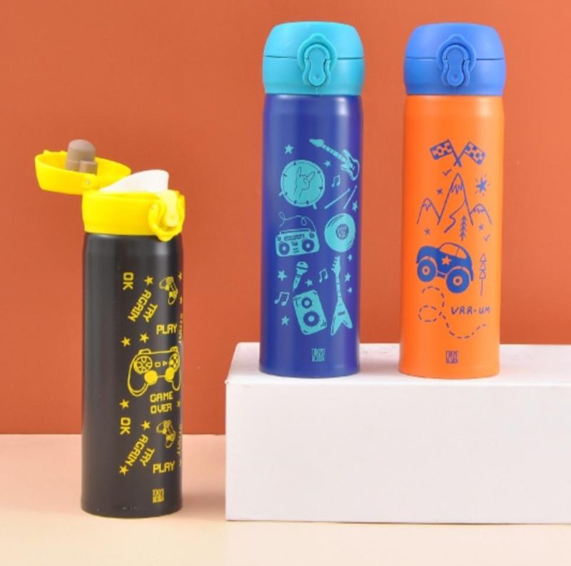 GBT-3362 Double Walled Stainless Steel Water Bottle for Kids 420 ML | Adorable Pirate Doodle Print, Lightweight, leakproof Insulated Water Bottle printed