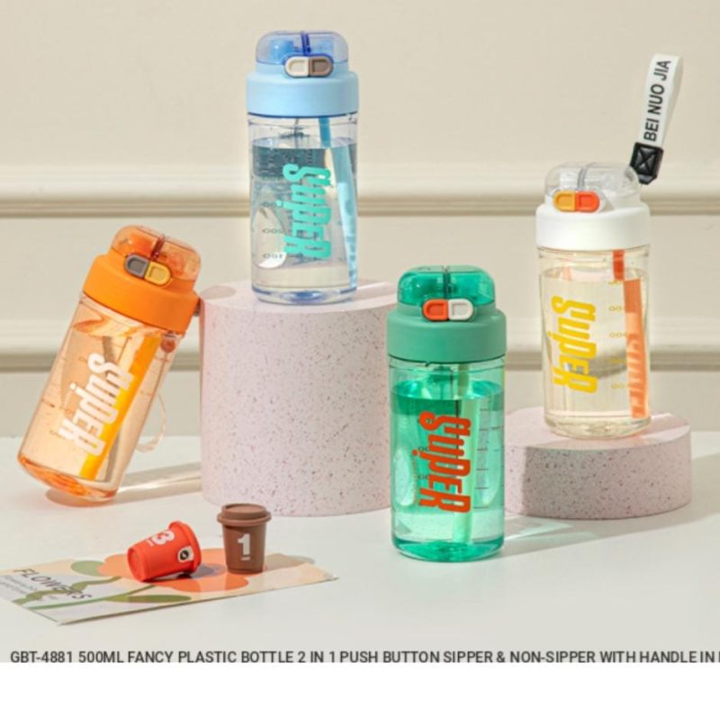 GBT-4882 Kids Plastic Dual Water Bottle with Strap, Double Pop-Up Lid Dual-Use Water Bottle, Motion Double Way Drinking Fancy Plastic Water Bottle for School Students (750ML)