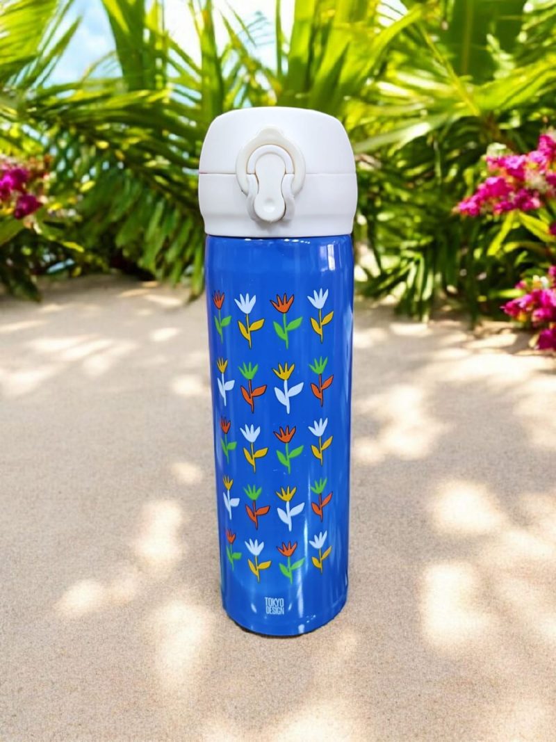 GBT-3358 Double Walled Stainless Steel Water Bottle for Kids 420 ML| Adorable Pirate Doodle Print, Lightweight, leakproof Insulated Water Bottle Flower printed - Image 2