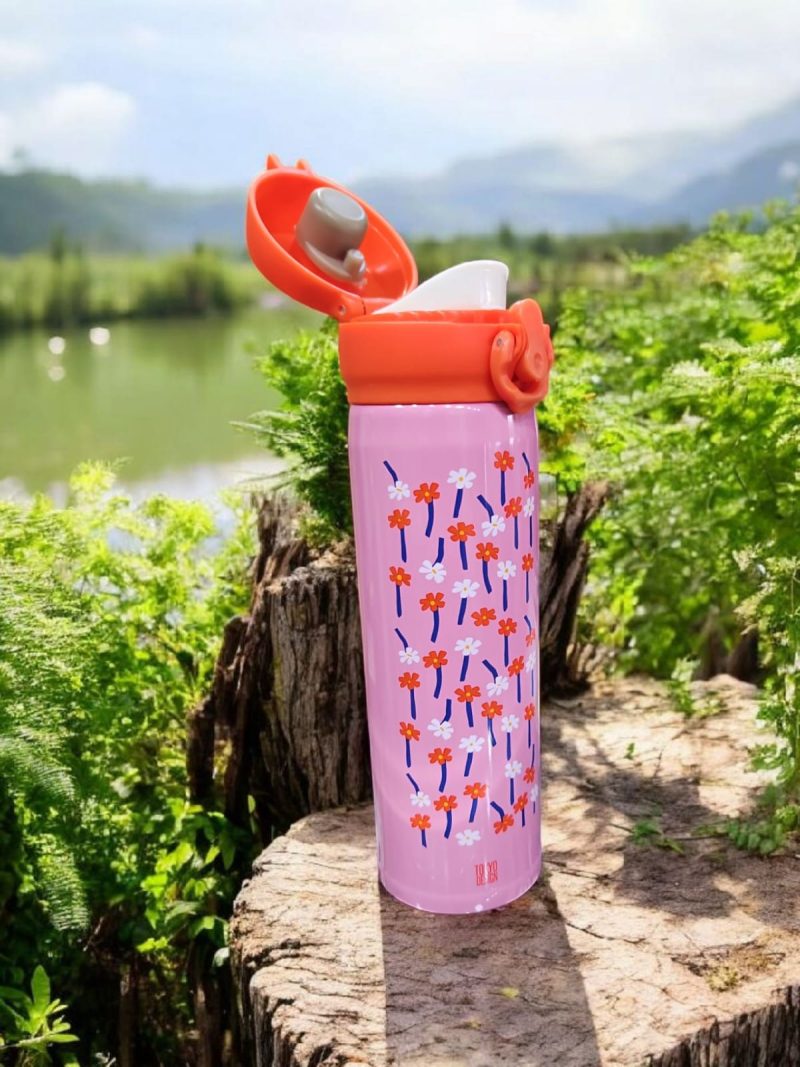 GBT-3358 Double Walled Stainless Steel Water Bottle for Kids 420 ML| Adorable Pirate Doodle Print, Lightweight, leakproof Insulated Water Bottle Flower printed - Image 3