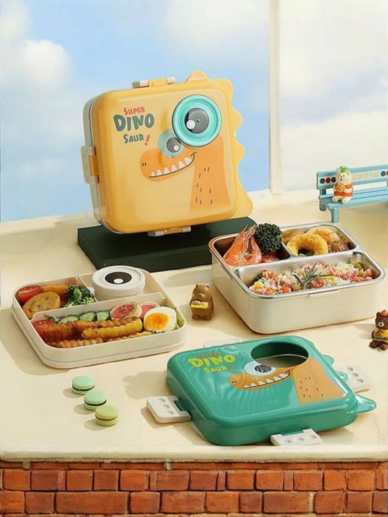 Kid's Favorite Dinosaur Eye Double Decker Insulated Stainless Steel Lunch Box - Multicolor