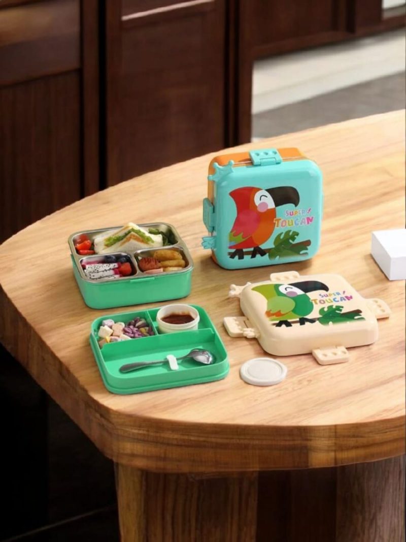 Stainless Steel Leak-Proof Parrot Printed Lunch Box with Sauce Bowl  Multicolor