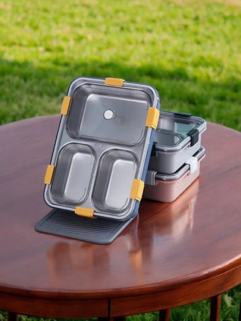 3 Compartments Stainless Steel lunch box  700 ml (Insulated & Leak-Proof)