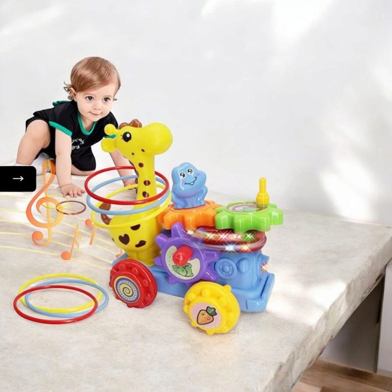 Ring Toss Throwing Game on Giraffe with Light & Sound – 360° Rotating Musical Ride-On Giraffe for Kids