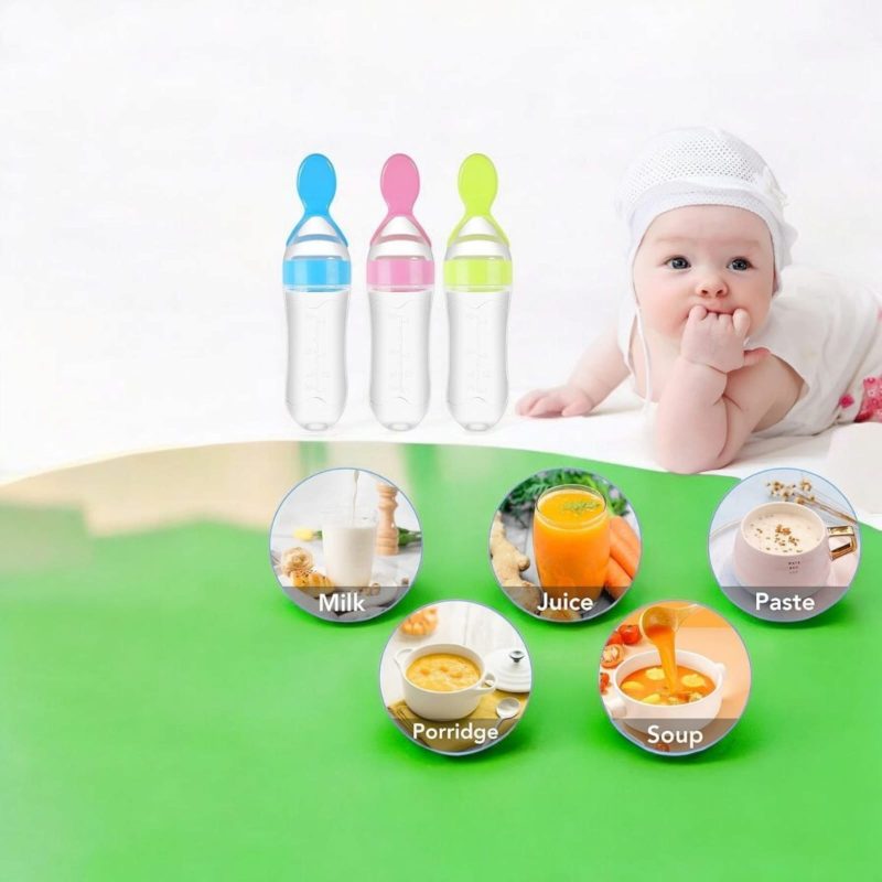 Baby Silicone Squeeze Feeder with Food Dispensing Spoon Cereal Feeding Bottle for Infant Blue Airtight Food Storage Containers - 90ml (Multicolour)