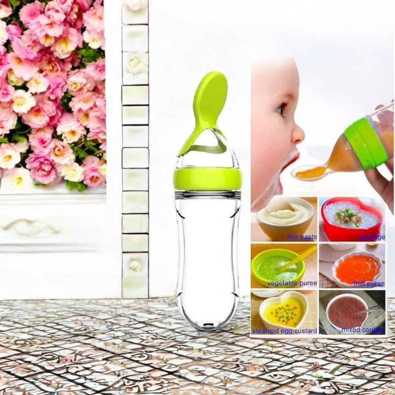 Baby Silicone Squeeze Feeder with Food Dispensing Spoon Cereal Feeding Bottle for Infant Blue Airtight Food Storage Containers - 90ml (Multicolour) - Image 3