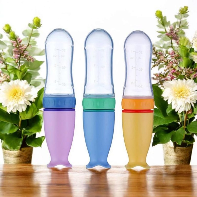 Baby Silicone Squeeze Feeder with Food Dispensing Spoon Cereal Feeding Bottle for Infant Blue Airtight Food Storage Containers - 90ml (Multicolour) - Image 3