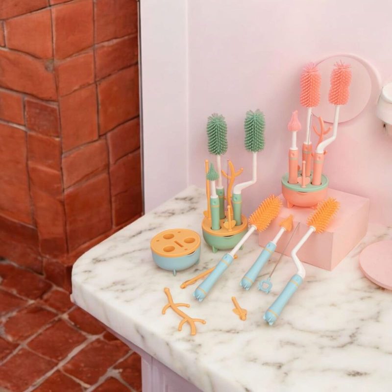 4 in 1 Baby Bottle Cleaning Brushes Set for Baby Milk Bottle Nipple Straw, Silicone Bristle Baby Bottle Cleaner Brush with Lid Cleaning Brush for 360° Movable Easy Cleaning Brush