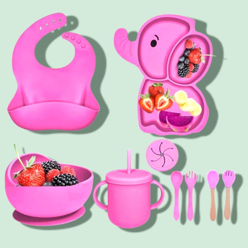 9 in 1 Silicone Baby Feeding Set | Dinnerware for Kids | BPA-Free, Microwave Safe | Suction Plate, Bowl, Spoon, Fork, Cup & Bib | Soft Tableware Kit for Babies & Toddlers
