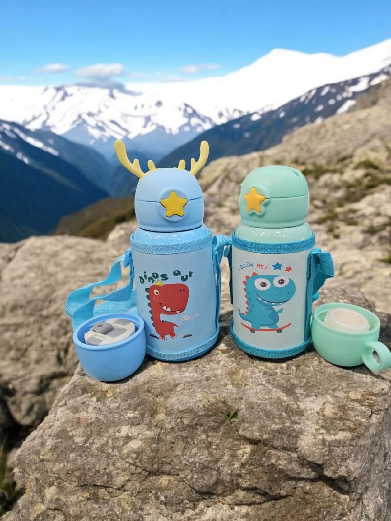 Water Bottle for Kids, Vacuum Insulated Stainless Steel Flask with Straw, Cup & Holder Bag, Double Walled Flask, Leak Proof, BPA Free