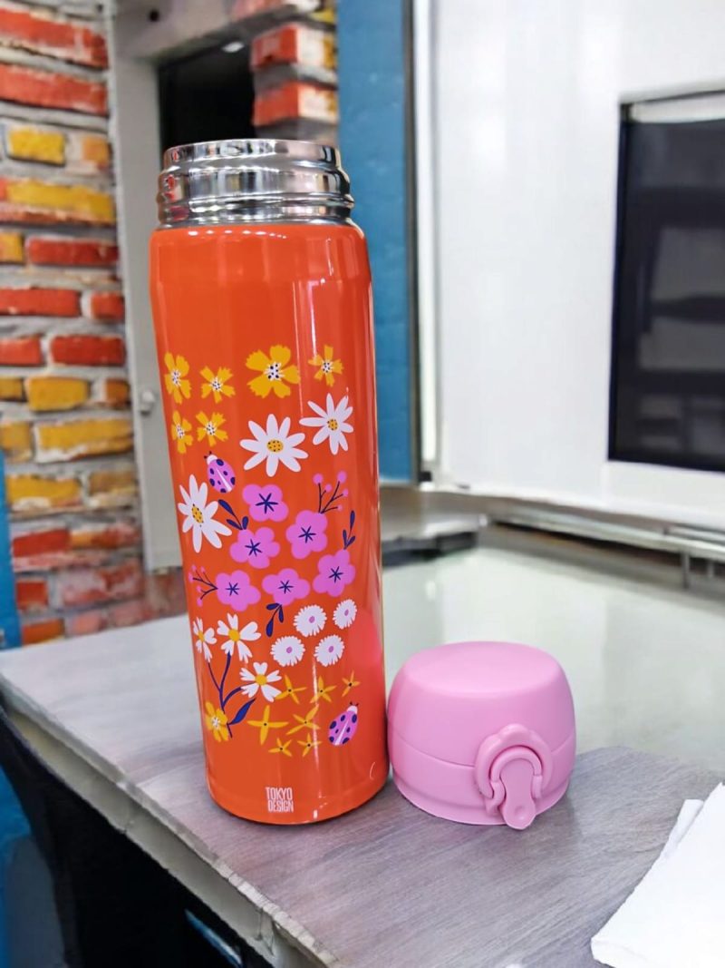 GBT-3358 Double Walled Stainless Steel Water Bottle for Kids 420 ML| Adorable Pirate Doodle Print, Lightweight, leakproof Insulated Water Bottle Flower printed - Image 4