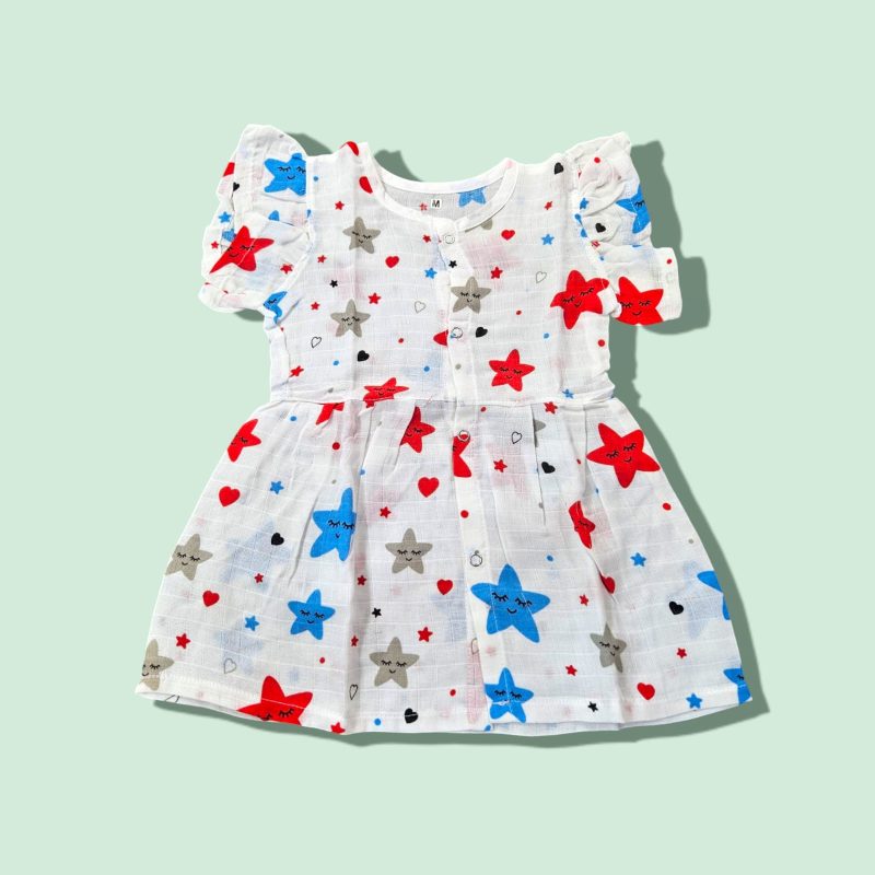 100% Muslin Cotton Baby Frock for Girls - Round Neck Cap Sleeve Dress PACK OF 1 - Image 6