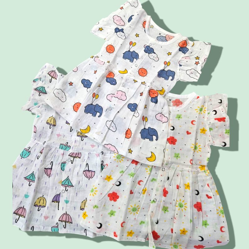 100% Muslin Cotton Baby Frock for Girls - Round Neck Cap Sleeve Dress PACK OF 1