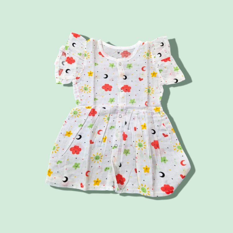 100% Muslin Cotton Baby Frock for Girls - Round Neck Cap Sleeve Dress PACK OF 1 - Image 2