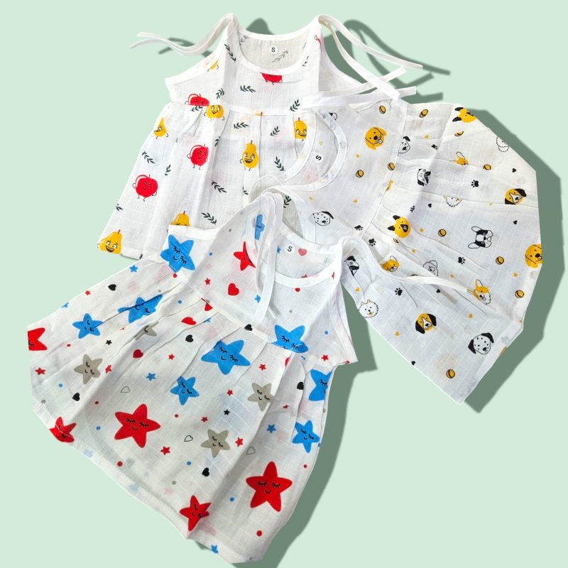 Muslin Frock Knot for Newborn Baby Girl – Adjustable Knot Style Cotton Dresses for Girls pack of 3 - Image 3