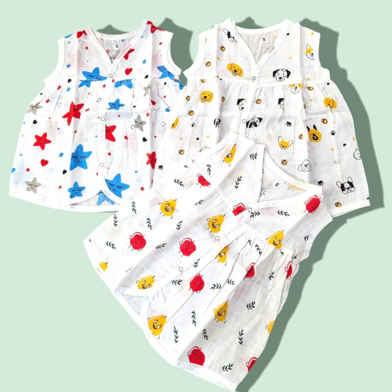 100%  Muslin Baby Girl Frock Sleeveless Front Button For Baby | Available In 3 Different Prints | Pack Of 3