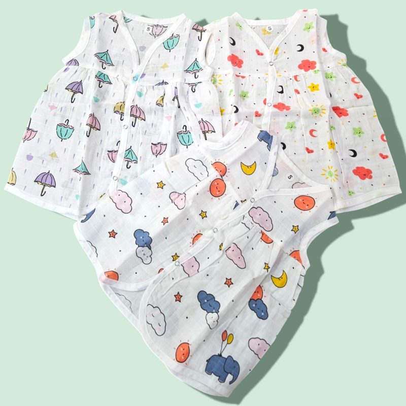 100%  Muslin Baby Girl Frock Sleeveless Front Button For Baby | Available In 3 Different Prints | Pack Of 3 - Image 3