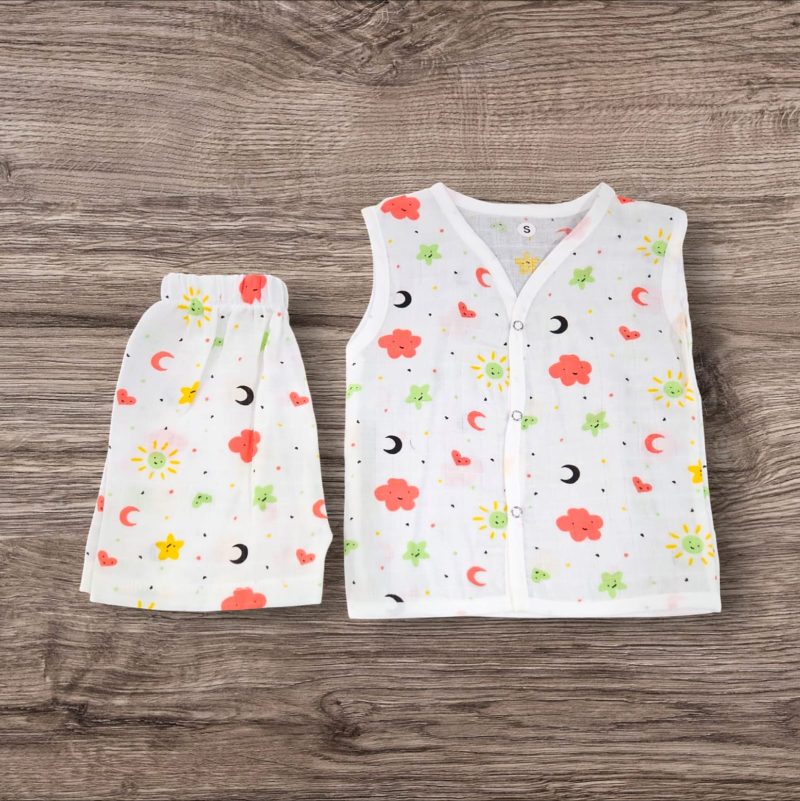 100% Organic Muslin Cotton Jablas Set Dress for Baby, Shirt & Shorts Summer Wear with Sleeveless, Soft & Breathable, Newborn Baby Clothes, Baby Girl Boy Dress Stylish (Pack of 1) - Image 2