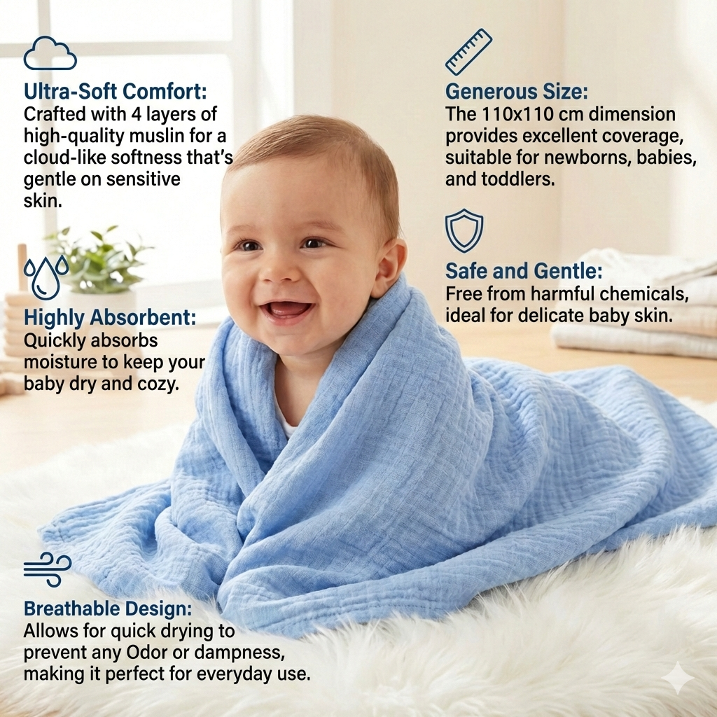Buy one Get One - Baby Super Soft Absorbent Muslin 4 Layer wash Towel | 50X50CM |